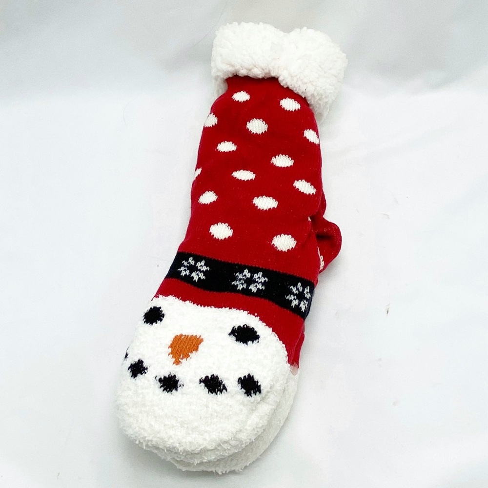 Snowman Red White Polka Dot Faux Sherpa Lined Slipper Socks NEW NWT 6-8